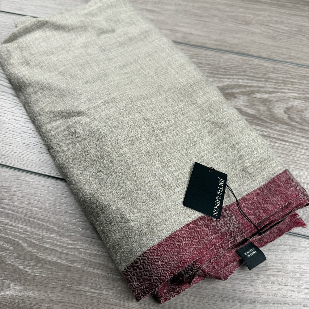 JIM THOMPSON Wool Silk Blend Side Boarder Scarf Shawl Cream Maroon 27.5"x81"